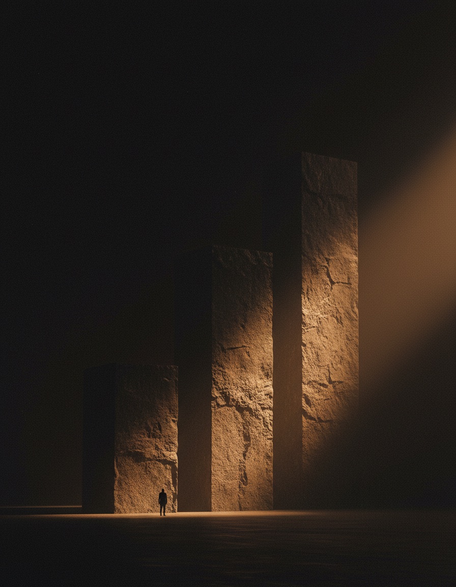 Uma pessoa diante de três blocos de pedra de alturas crescentes, iluminados por uma luz âmbar