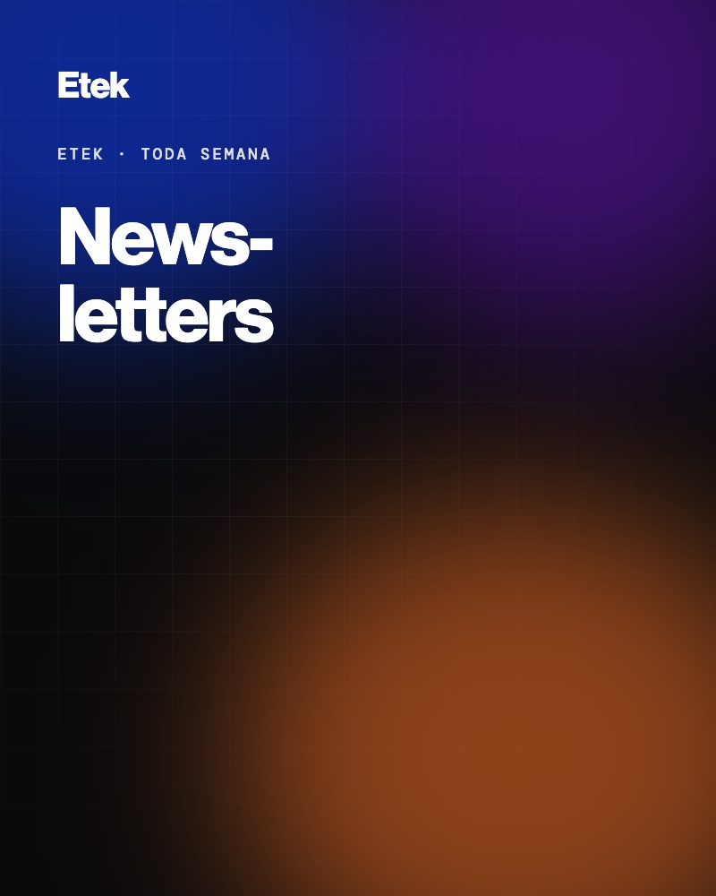 Arte com luz em azul, roxo e laranja sobre fundo preto e a palavra Newsletters