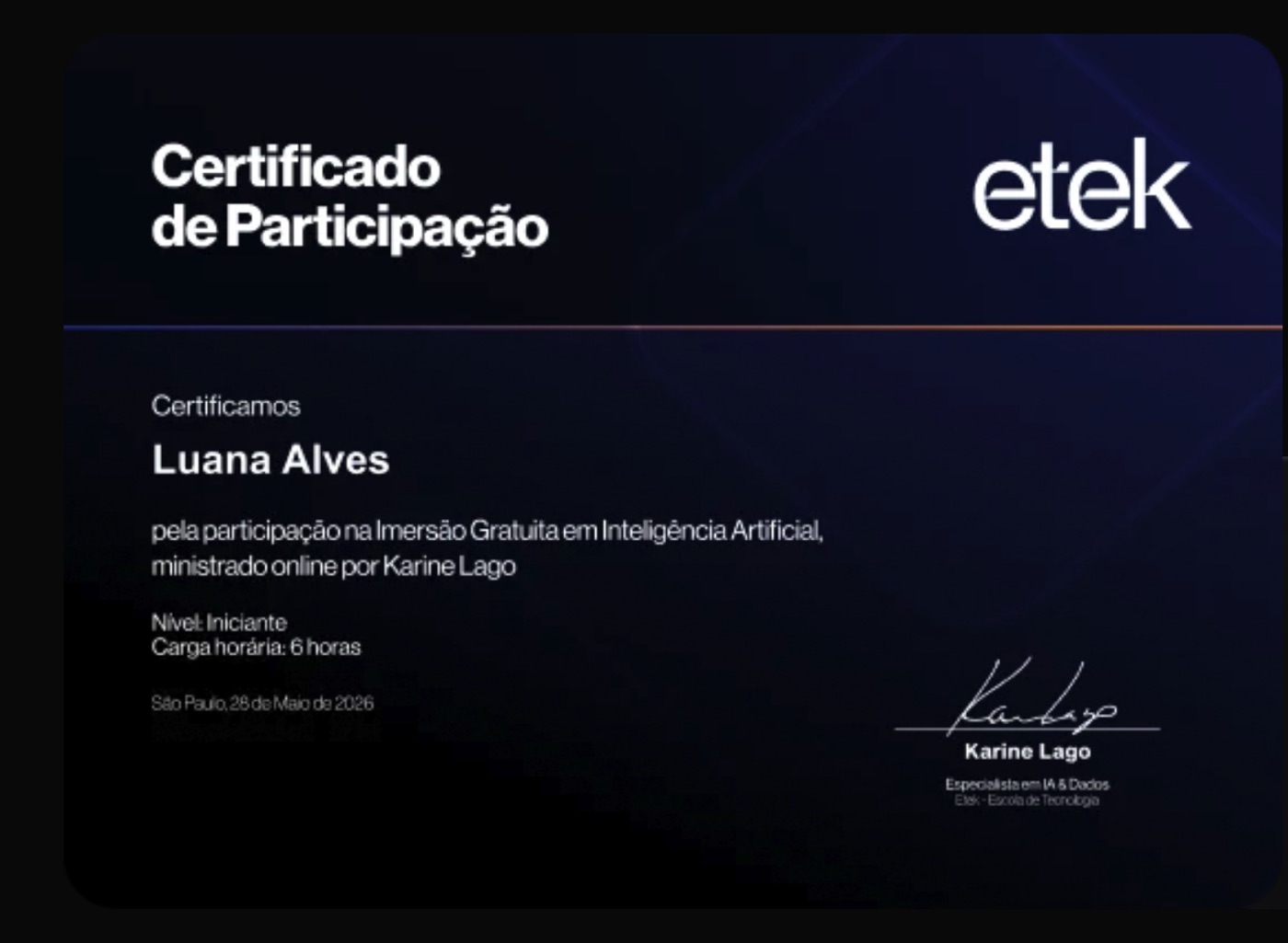 Certificado de participação emitido pela Etek